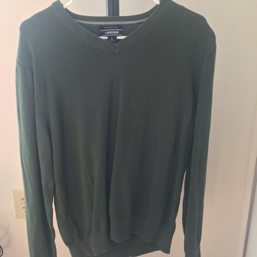 Land’s End V-Neck Green Supina Cotton Sweater Size Large